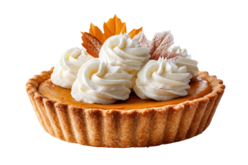 Pumpkin pie topped with whipped cream and decorative leaves, showcasing a delicious dessert perfect for autumn celebrations and festive gatherings. Isolated on transparent background.