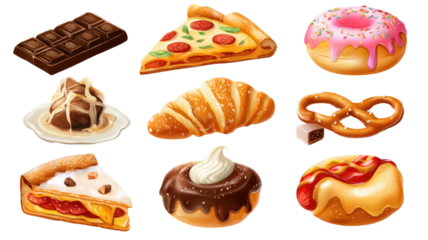 Delicious collection of fresh baked chocolate sweets and cake isolated on white background