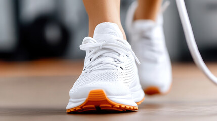 Naklejka premium muscular man doing double unders with jump rope, crossfit gym environment, strong lighting contrast,