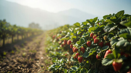 Mountain Strawberry Field Morning Scene &ndash; Fresh Red Berries with Soft Mist