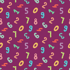 Seamless Pattern of Colorful Numbers on Purple. Design for fabric, textile, wallpaper, packaging, for children.	