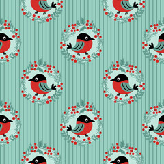 Bullfinch cute vintage seamless pattern