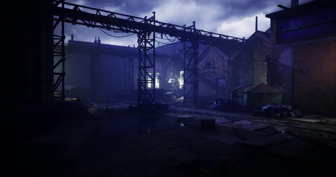 An old industrial area is enveloped in thick fog as twilight sets in. Weathered buildings and rusting structures contribute to a mysterious, eerie atmosphere filled with shadows.