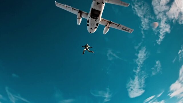 A person freefalls from an airplane against a bright blue sky with clouds, capturing the thrill of adventure
