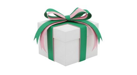 A white gift box with a green and pink ribbon tied in a bow