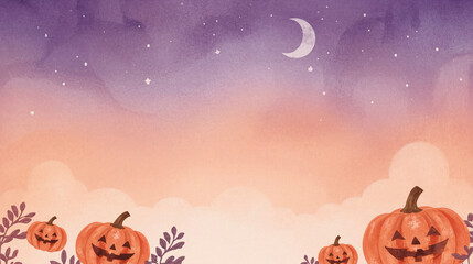 Cute Watercolor Halloween Night With Pumpkins And Soft Spooky Glow