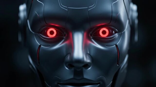 Extreme close up of futuristic robot face with eyes changing color from blue to red