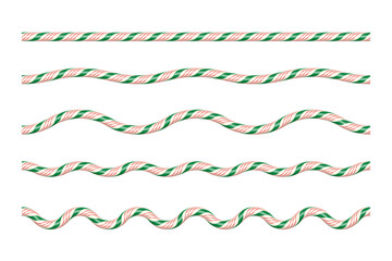 Red, green and white candy cane ropes in various wave patterns. Festive twisted lines for Christmas borders, dividers, decorative holiday designs. Realistic vector illustrations set.