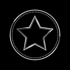 Silver circle frame on black background. Metallic round border with dotted edge and five point star. Elegant minimal design for badge, button, or emblem. Luxury style vector illustration.