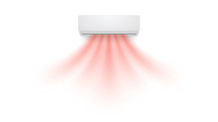 Air conditioner airflow shown as warm red streams coming from wall mounted unit. Image displays soft dispersion of heated air in clean minimal composition. Modern vector illustration.