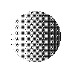 Pixel gradient circle background. Black and white dotted sphere with optical illusion and depth effect. Abstract digital pattern for modern graphic design. Vector illustration.