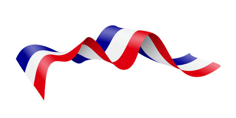 France flag ribbon in blue, white, red colors. Wavy tricolor banner with dynamic curves, symbolizing French national pride and celebration. Patriotic festive decoration. Realistic vector illustration.