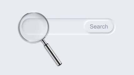 SEO background. Search magnifying glass interface on light with large lens placed over search bar. Marketing modern UI element. Minimal vector illustration in neomorphism style.
