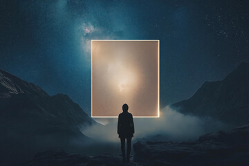Human Silhouette Facing a Glowing Portal Under the Milky Way