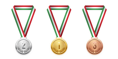 Gold, silver, and bronze medals. Realistic 3D award medals with ribbons, symbolizing first, second, and third place in sports, competitions, and athletic events. Vector illustration.