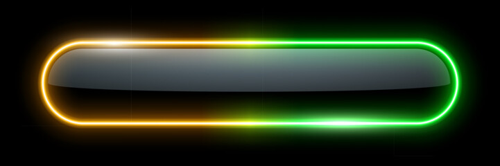 Neon glow light rounded rectangle frame. Led rectangular game button. Green yellow light outline on black with soft luminous effect. Futuristic UI element. Colorful geometric vector illustration.