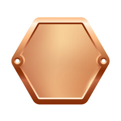 Blank bronze nameplate plaque with screw holes. Metallic hexagon label for engraving, signage, awards, door signs. Realistic vector illustration.