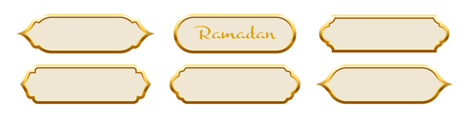 Plakat Ramadan frames. Islamic frames with gold borders shown as glory decorative labels in traditional Arabian shapes. Set of banners for Ramadhan and oriental festive design. Luxury vector illustration.