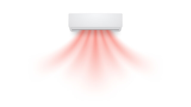 Air conditioner airflow shown as warm red streams coming from wall mounted unit. Image displays soft dispersion of heated air in clean minimal composition. Modern vector illustration.