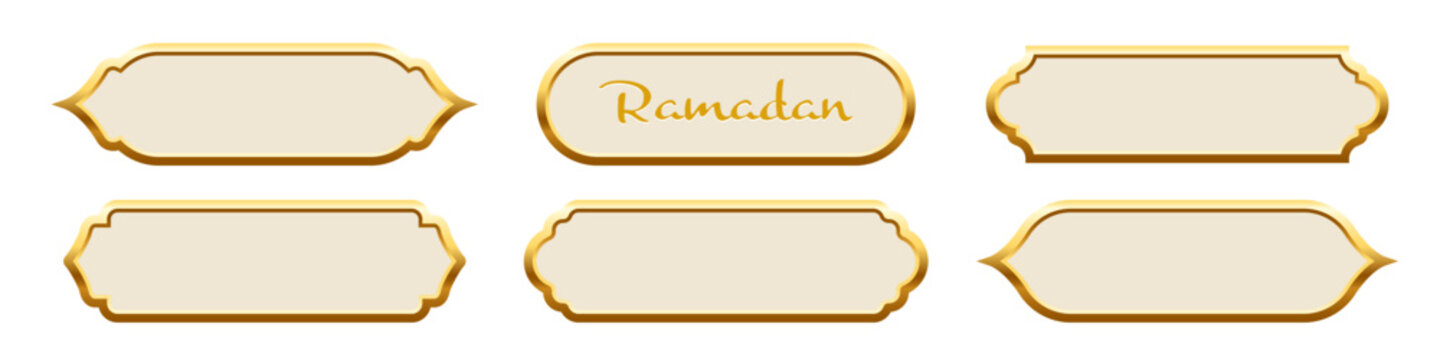 Ramadan frames. Islamic frames with gold borders shown as glory decorative labels in traditional Arabian shapes. Set of banners for Ramadhan and oriental festive design. Luxury vector illustration.