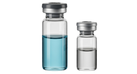 Two pharmaceutical glass vials one filled with blue liquid and one with clear liquid