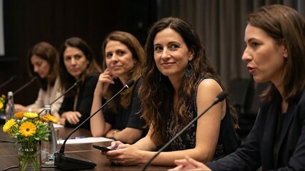 Group of Diverse Women Professionals Participating in a Business Conference Panel Discussion, Sharing Ideas and Insights in a Corporate Setting