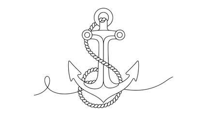 one-line drawing of a ship's anchor with a rope or chain. 