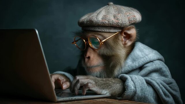 Monkey types on a laptop while wearing glasses and a hat in a room with dark walls during the daytime