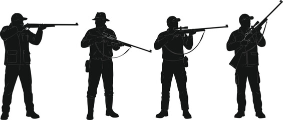 Military soldier silhouettes holding rifles in different shooting poses, armed forces combat stance vector illustration set. © Prodip
