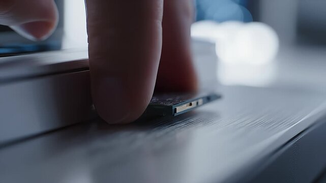 Person Inserts Micro Sd Card Into the Computer Port for Data Transfer