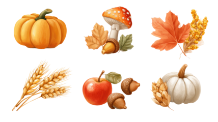 Vector illustration of a bountiful autumn harvest set featuring pumpkins, gourds, and other ripe fall vegetables and fruits for Thanksgiving and Halloween holiday food
