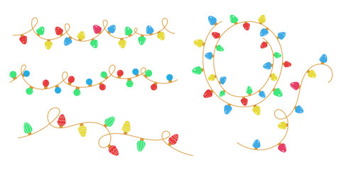Winter lights set. Garlands with colored bulbs, festive Xmas string decoration, round form framr for christmas garkand, vector flat