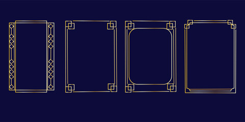 Golden frame set, thin line gold borders in art deco style. Luxury premium vector outline geometric rectangle. Linear decorative banners