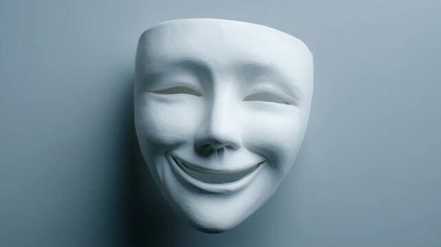 White mask with a smiling face displayed against a plain background showing simple design and expression