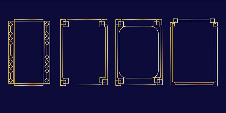 Golden frame set, thin line gold borders in art deco style. Luxury premium vector outline geometric rectangle. Linear decorative banners