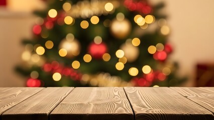 A blurred christmas scene with a wooden table in the foreground