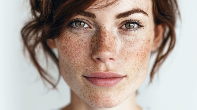 Close-up portrait of a beautiful woman with freckles and green eyes