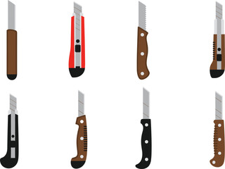 Utility Knife Set Collection Vector Illustration with Different Box Cutter Designs Isolated on White Background