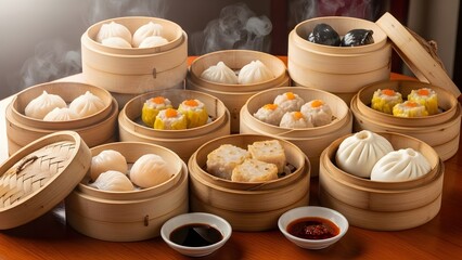 Various shapes of Chinese dim sum in bamboo steamers, placed on a traditional wooden table