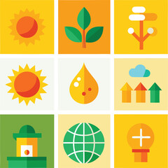 Flat design icon set featuring natural resources, energy, and environmental concepts
