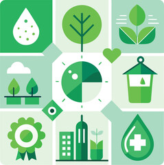 A detailed flat design illustration representing environmental concepts and sustainable solutions