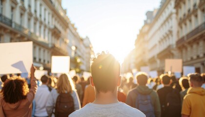 Crowd of Protestors Holding Signs Illuminated by Bright Sunlight on a City Street