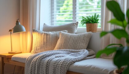 Cozy Window Nook with Warm Lighting, Pillows, and Plant