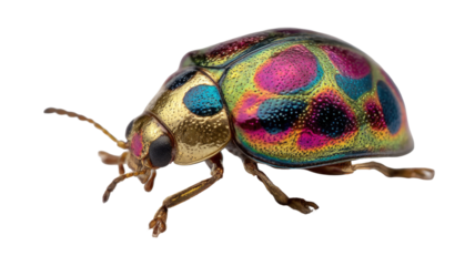 Colorado potato beetle (Leptinotarsa decemlineata) macro on white background, a destructive pest insect closeup showing black and yellow stripes