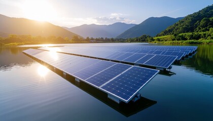 Floating Solar Panel Farm on Lake with Mountainous Landscape at Sunset