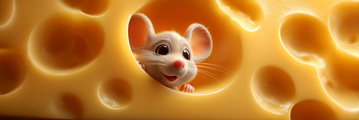 Extreme Close-up. A hyper-Realistic and Humorous Scene of a Cute Smiling Mouse Peeking From a Swiss Emmental Cheese Hole in a Full-Frame. Generative Ai.
