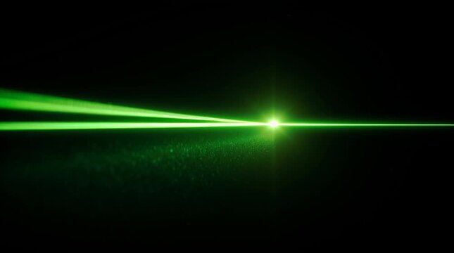 Green Laser Beam in the Darkness: A vibrant green laser beam cuts through the darkness, illuminating a single point, a testament to precision and power, showcasing a vivid display of light energy.