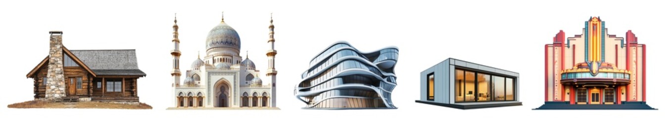 A collection of residential, religious, and futuristic buildings, architecture.