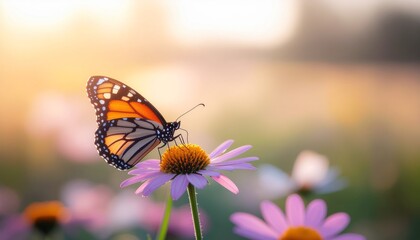 Monarch Butterfly on Purple Coneflower with Golden Backlight