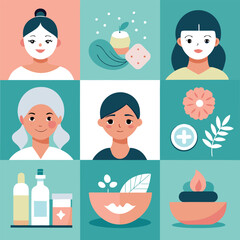 Obraz premium A collage of flat illustrations showing natural beauty, wellness, and diverse people enjoying a spa routine